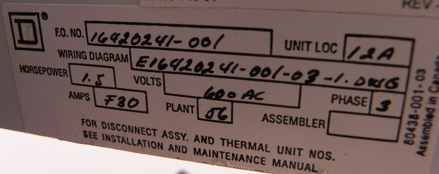 Square D MCC Bucket Model 6 Motor Control 1.5 HP - Advance Operations