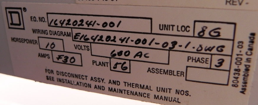 Square D MCC Bucket Model 6 Motor Control 10 HP - Advance Operations