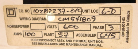 Square D MCC Bucket Model 6 Motor Starter 115A  LC1F115 Contactor - Advance Operations