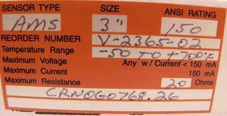 Oseco Rupture Disc 3" and Sensor V-2365 CRN0G0768.26 - Advance Operations