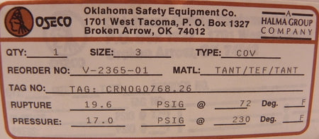 Oseco Rupture Disc 3" and Sensor V-2365 CRN0G0768.26 - Advance Operations