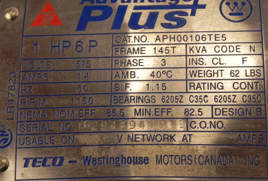 Teco / Westinghouse Electric Motor APH00106TE5 1 Hp 575-600 Vac - Advance Operations