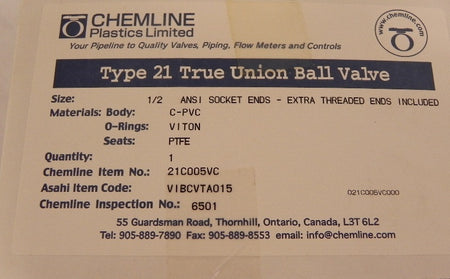 Chemline Asahi Type 21 Ball Valve 21005VC 1/2" - Advance Operations