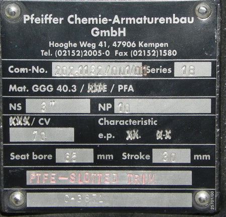 Pfeiffer Spherical Lined Valve Series 1B  3" - Advance Operations