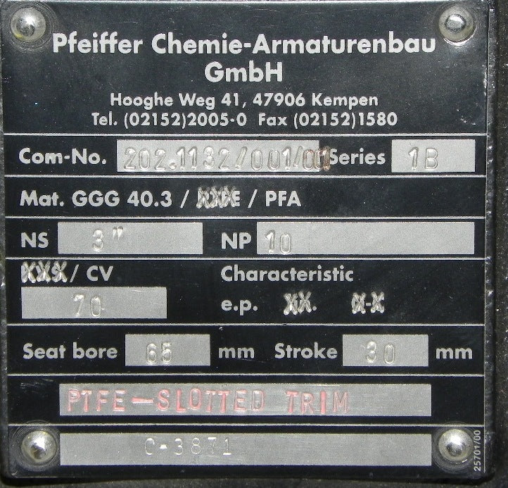 Pfeiffer Spherical Lined Valve Series 1B  3" - Advance Operations