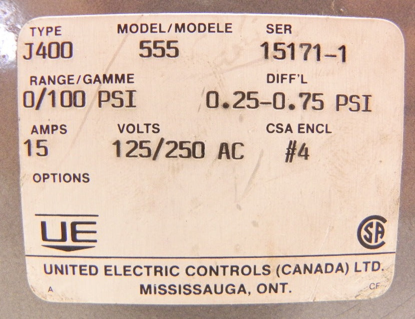 United Electric Pressure Switch J400-555 - Advance Operations
