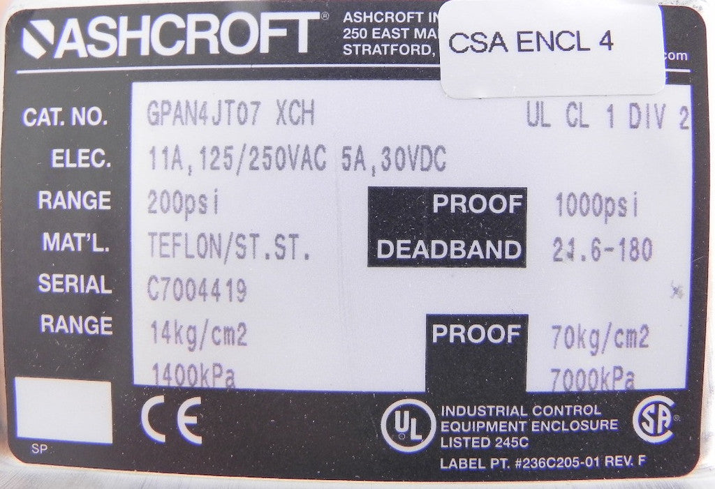 Ashcroft Pressure Control Switch GPAN4JT07 200 psi - Advance Operations