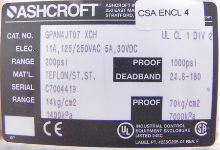 Ashcroft Pressure Control Switch GPAN4JT07 200 psi - Advance Operations