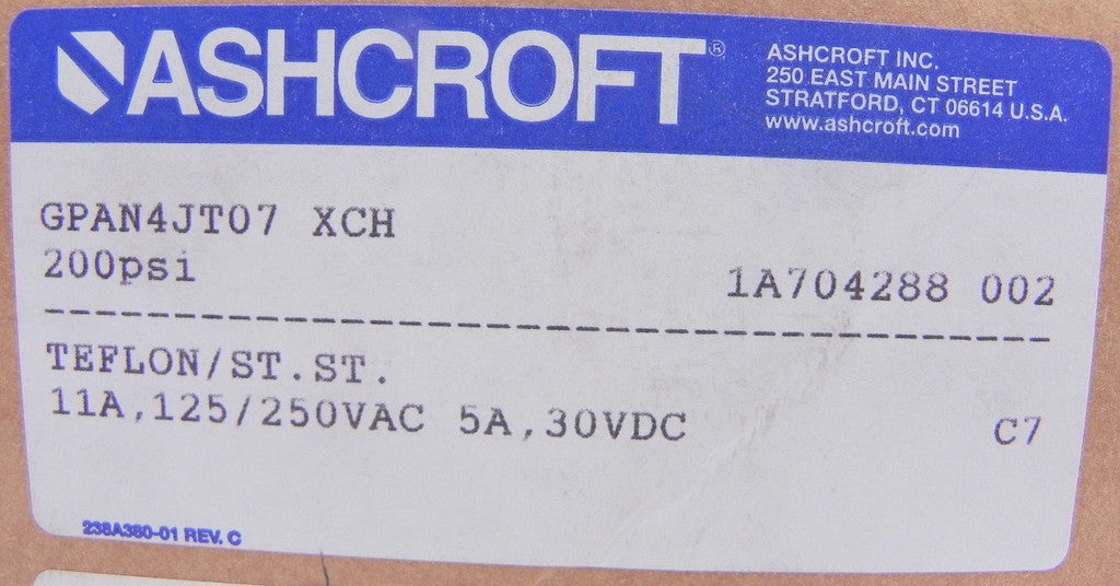 Ashcroft Pressure Control Switch GPAN4JT07 200 psi - Advance Operations