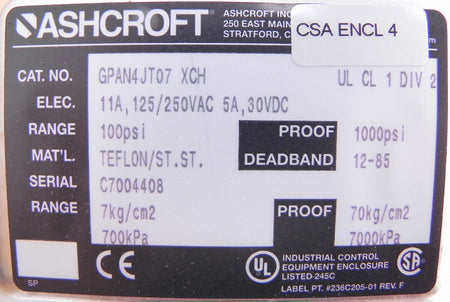 Ashcroft Pressure Control Switch GPAN4JT07 100 psi - Advance Operations