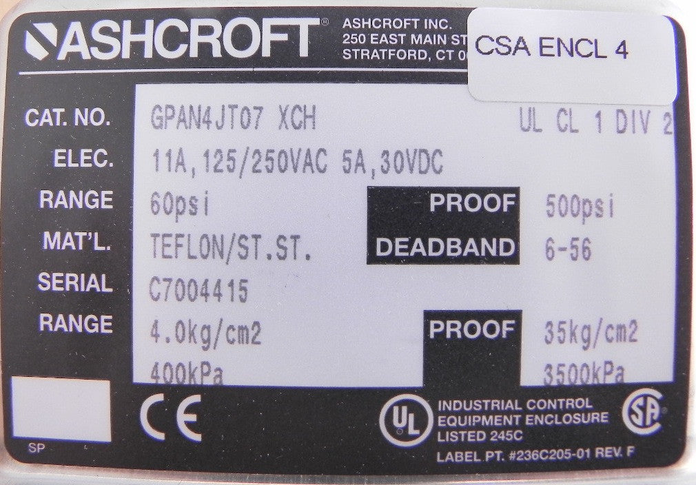 Ashcroft Pressure Control Switch GPAN4JT07 60 psi - Advance Operations