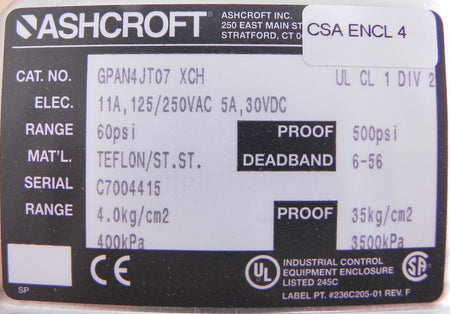 Ashcroft Pressure Control Switch GPAN4JT07 60 psi - Advance Operations