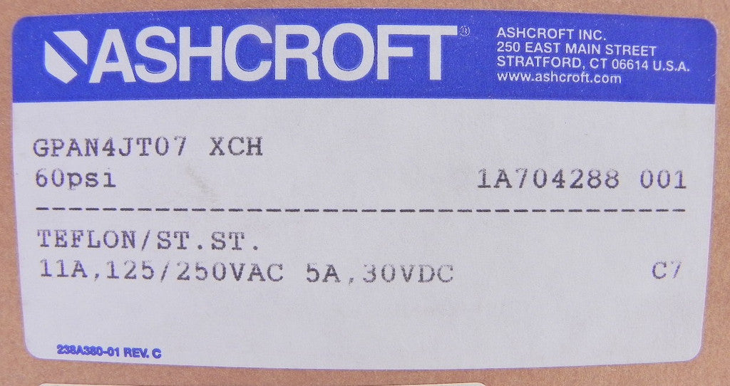 Ashcroft Pressure Control Switch GPAN4JT07 60 psi - Advance Operations