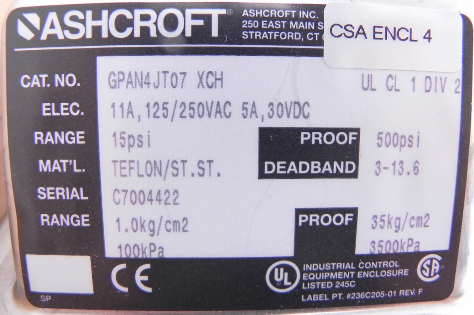 Ashcroft Pressure Control Switch GPAN4JT07 15 psi - Advance Operations