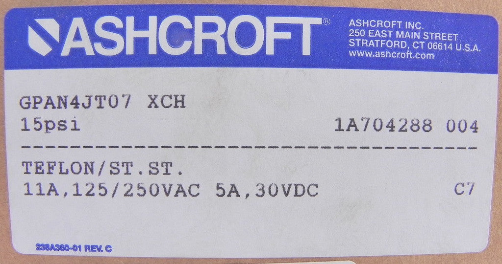Ashcroft Pressure Control Switch GPAN4JT07 15 psi - Advance Operations