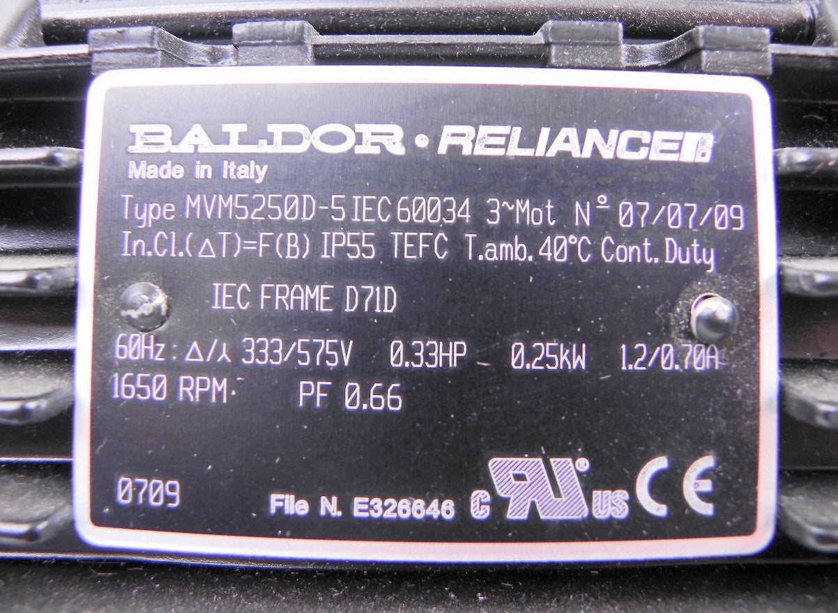 Baldor Reliance Electric Motor MVM52250D-5IEC 1/3hp 1650 Rpm Frame D71D 333-575V - Advance Operations