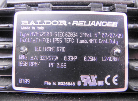 Baldor Reliance Electric Motor MVM52250D-5IEC 1/3hp 1650 Rpm Frame D71D 333-575V - Advance Operations