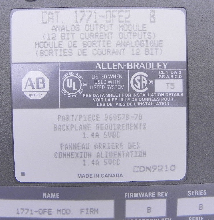 Allen-Bradley Analog Output Module 1771-OFE2 Rev: B. Series B - Advance Operations