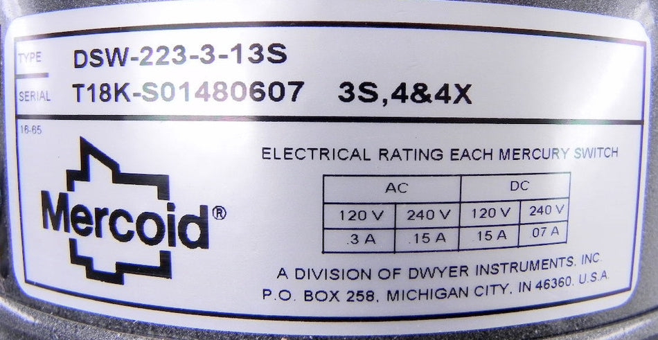 Mercoid Control Dwyer Pressure Switch DSW-223-3-13S - Advance Operations