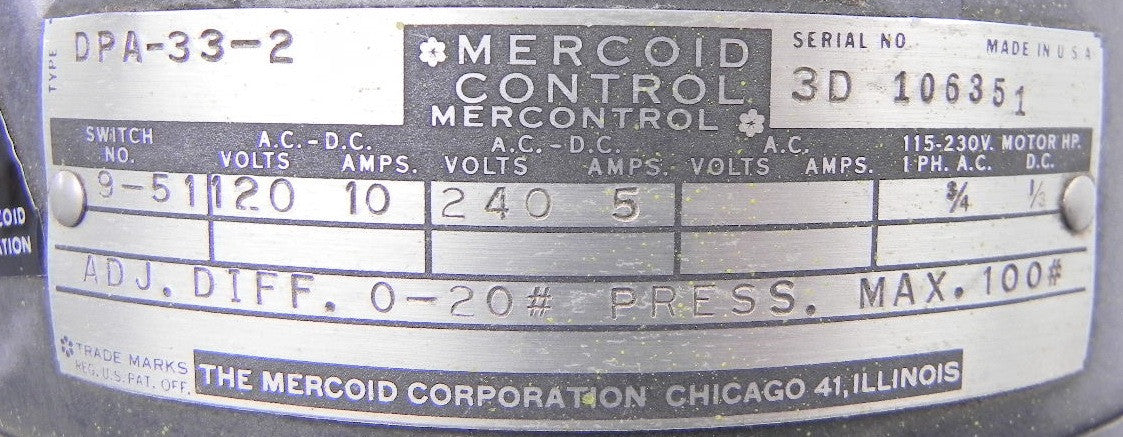 Mercoid Control Dwyer Pressure Switch DPA-33-2 - Advance Operations