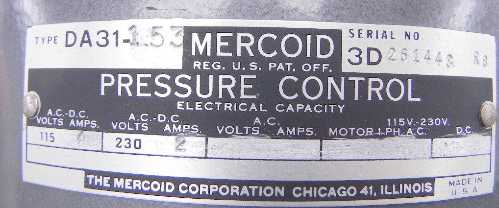 Mercoid Control Dwyer Pressure Switch DA31-153 - Advance Operations
