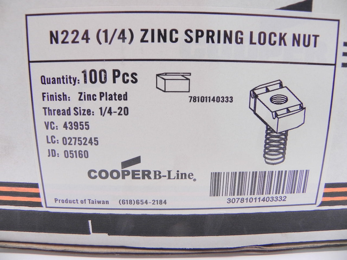 Cooper B-Line Zink Spring Lock Nut N224 1/4 (Lot of 56) - Advance Operations