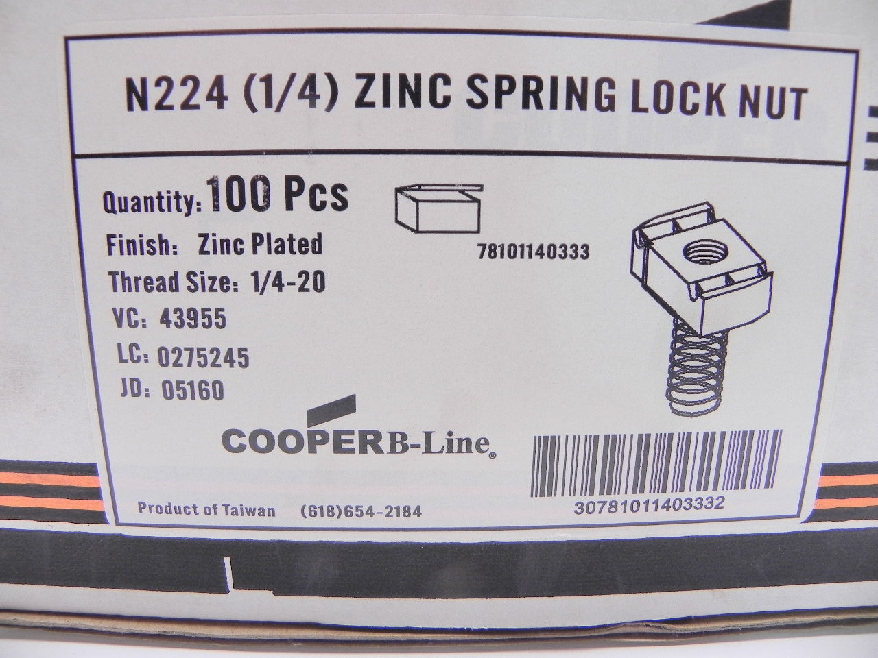 Cooper B-Line Zink Spring Lock Nut N224 1/4 (Lot of 56) - Advance Operations