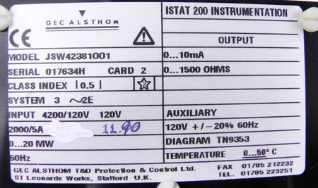 Gec Alsthom Istat 200 Watts Card Used JSW42381008 - Advance Operations