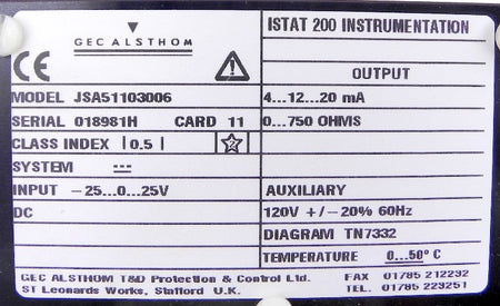 Gec Alsthom Istat 200 DC Voltage Module JSA51103006 - Advance Operations
