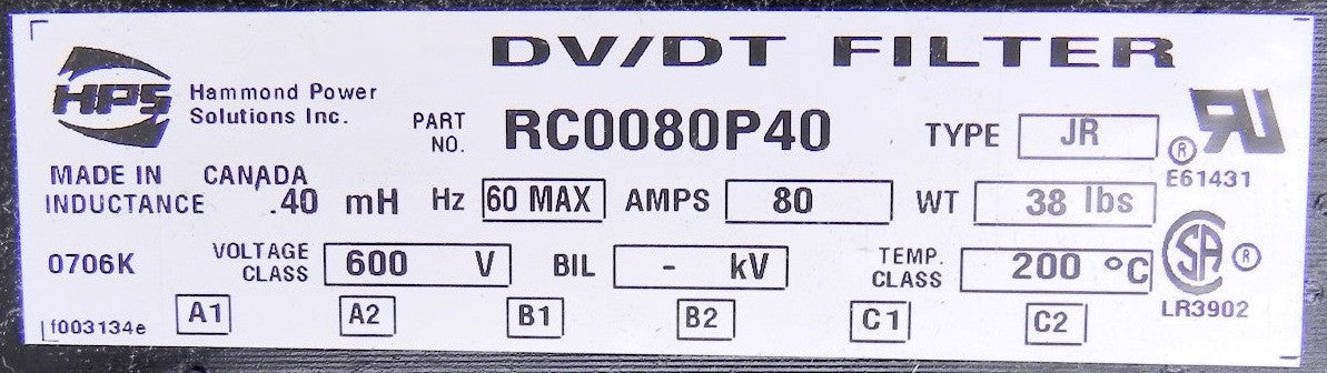 Hammond Power Line Reactor DV/DT Filter RC0080P40 600V 80A - Advance Operations