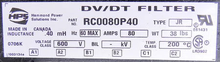 Hammond Power Line Reactor DV/DT Filter RC0080P40 600V 80A - Advance Operations