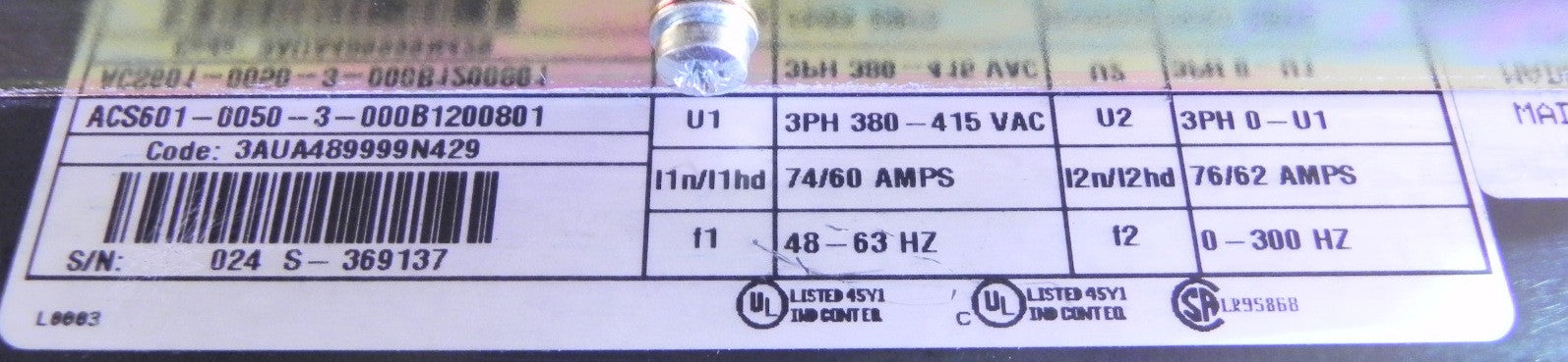 ABB AC Drive 50 Hp ACS601 Mint Condition 380-415 Vac Input  ACS601-0050-3 - Advance Operations