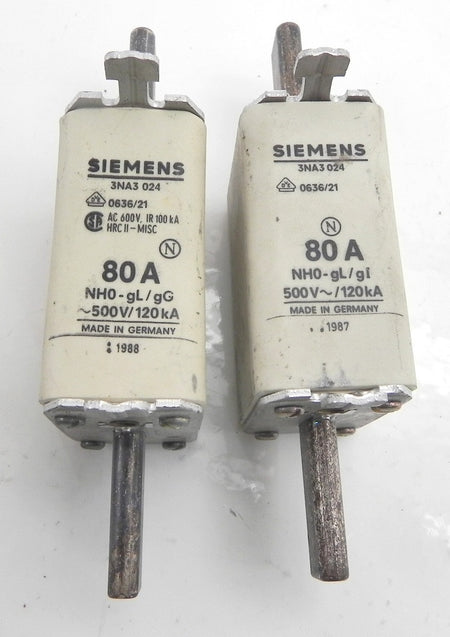 Siemens Fuse 3NA3024 500V 80A (Lot of 2) - Advance Operations
