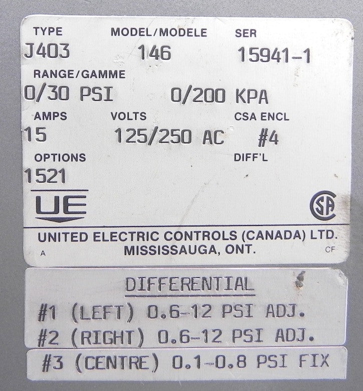 United Electric Pressure Switch J403 Model 146 - Advance Operations