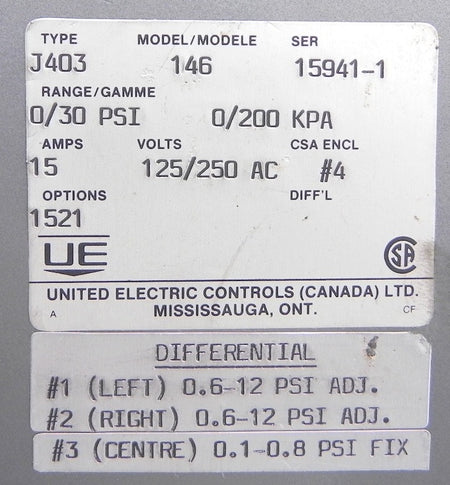 United Electric Pressure Switch J403 Model 146 - Advance Operations