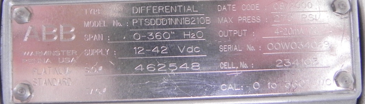 ABB Bailey Differential Pressure Transmitter PTSDDD1NN1B210B PTSDDD + Diaphragm - Advance Operations