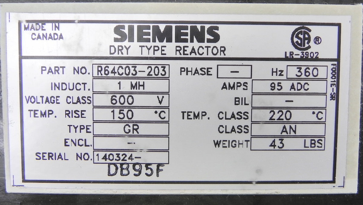 Siemens Dry Type Reactor R64C03-203 1MH - Advance Operations