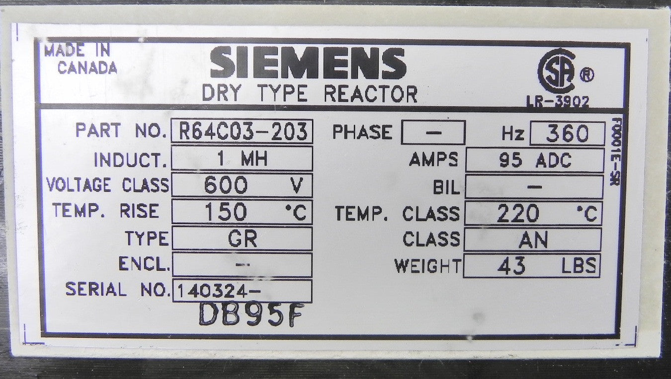 Siemens Dry Type Reactor R64C03-203 1MH - Advance Operations