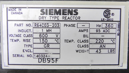 Siemens Dry Type Reactor R64C03-203 1MH - Advance Operations