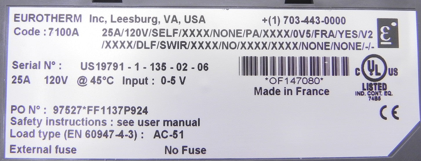 Invensys Eurotherm Single Phase Thyristor Heater Power Controller 7100A 25A 120 Vac 1 Year Warranty - Advance Operations