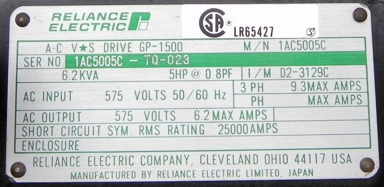 Reliance Electric AC VS Drive GP 1500 5 Hp 575 Vac - Advance Operations