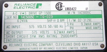 Reliance Electric AC VS Drive GP 1500 5 Hp 575 Vac - Advance Operations