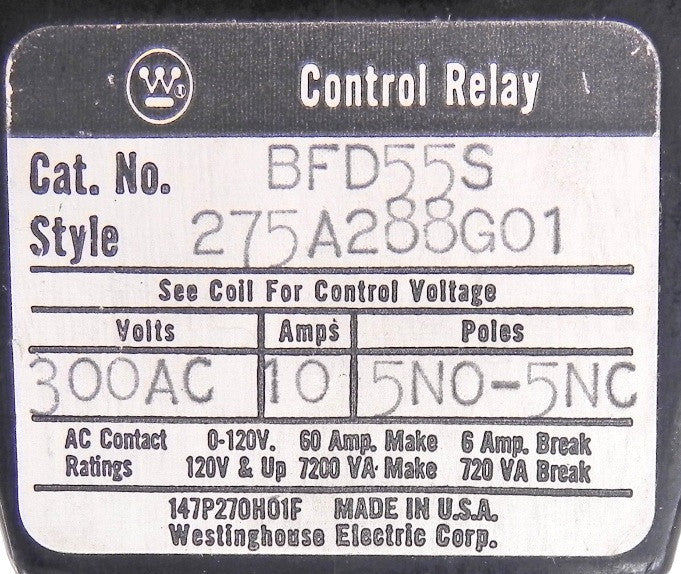 Westinghouse Control realy BFD55S 275A288G01 - Advance Operations