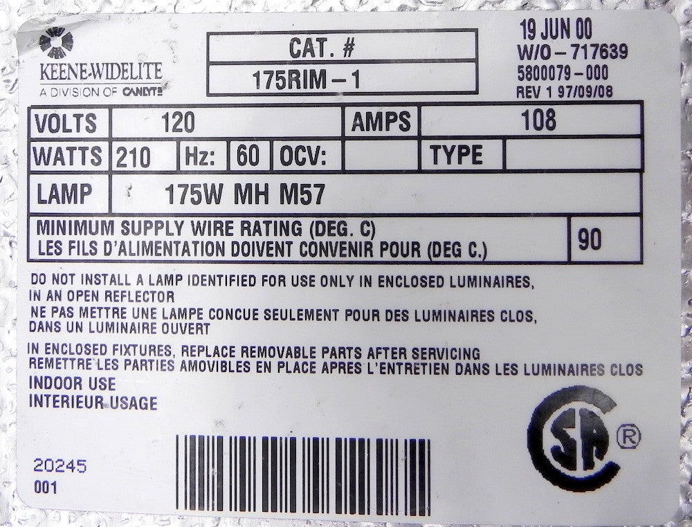 Keene-Widelite Lamp Ballast 175RIM-1 - Advance Operations