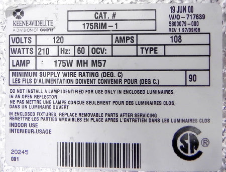 Keene-Widelite Lamp Ballast 175RIM-1 - Advance Operations