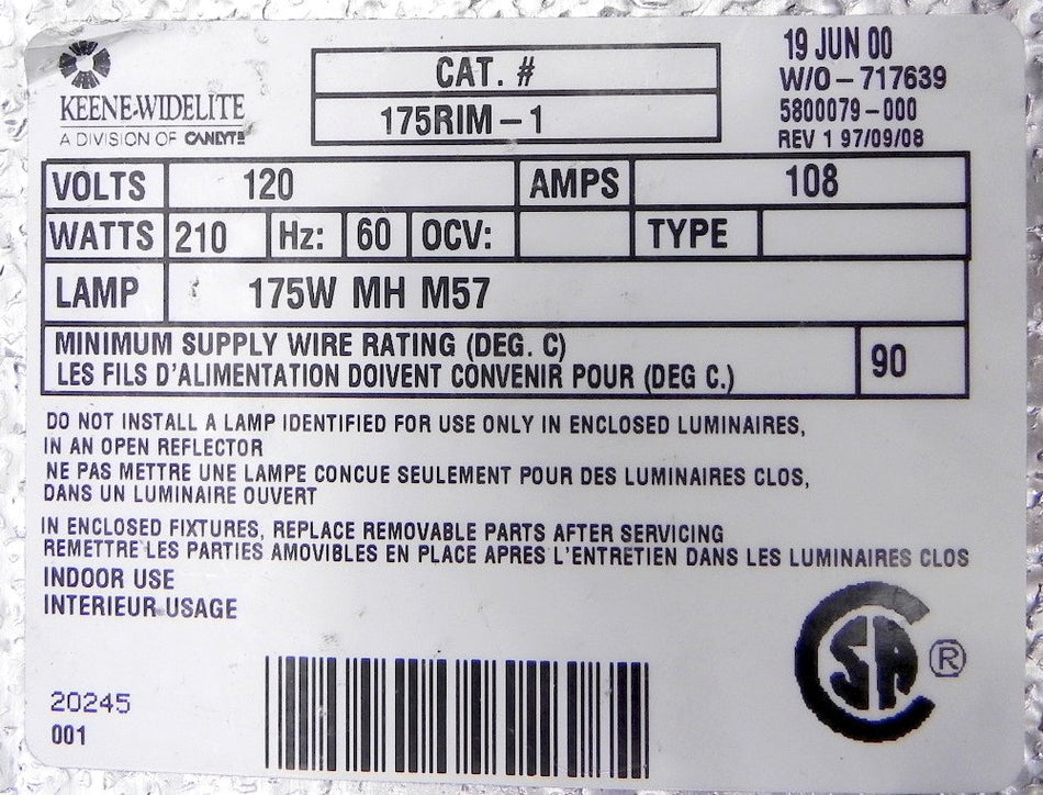 Keene-Widelite Lamp Ballast 175RIM-1 - Advance Operations