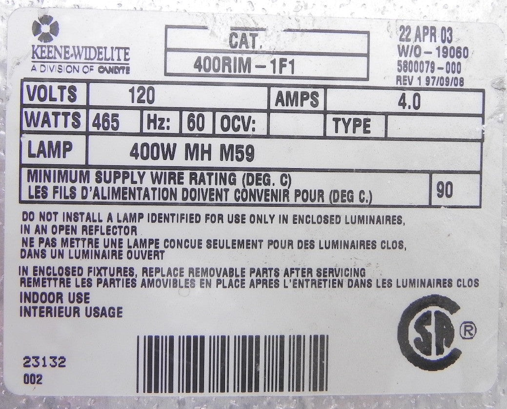 Keene-Widelite Lamp Ballast 400RIM-1F1 - Advance Operations