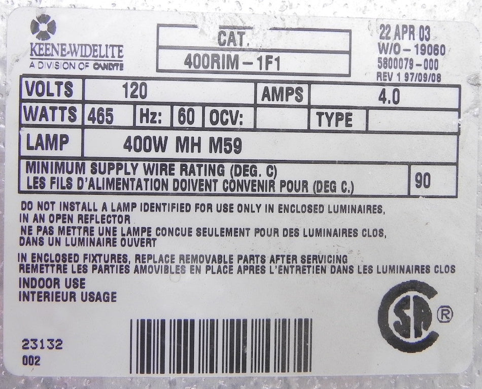 Keene-Widelite Lamp Ballast 400RIM-1F1 - Advance Operations