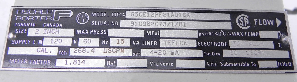 Fisher Magnetic Flow Meter 10D14 65CE12PF21AD1CA 2" - Advance Operations
