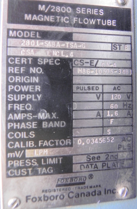 Foxboro Magnetic Flowmeter  2801-SABA-TSA-G 1" - Advance Operations